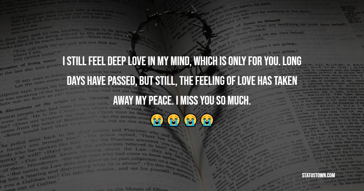 I still feel deep love in my mind, which is only for you. Long days have passed, but still, the feeling of love has taken away my peace. I miss you so much. - Miss You Status for Ex-Boyfriend