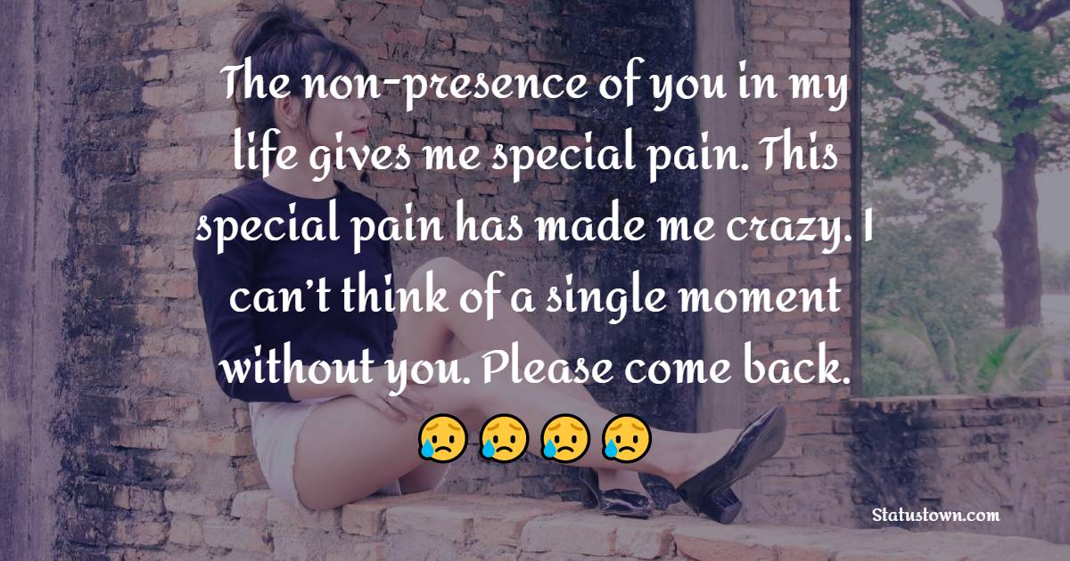 The non-presence of you in my life gives me special pain. This special pain has made me crazy. I can’t think of a single moment without you. Please come back. - Miss You Status for Ex-Boyfriend