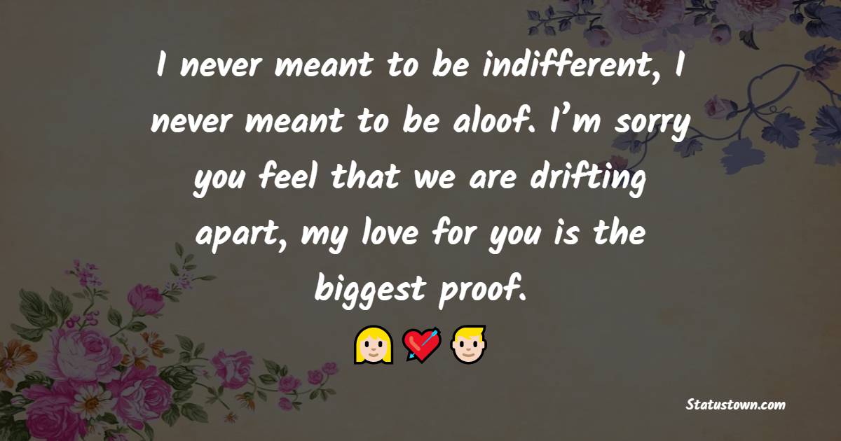 I never meant to be indifferent, I never meant to be aloof. I’m sorry you feel that we are drifting apart, my love for you is the biggest proof. - Sorry Messages For Boyfriend