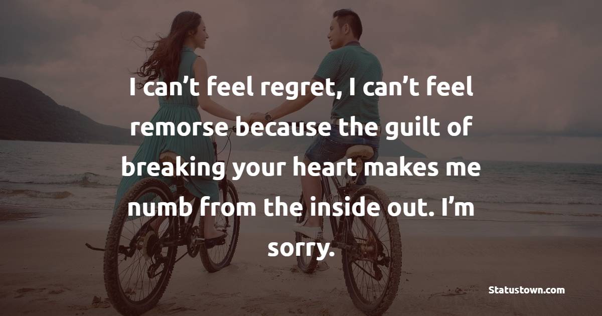 I can’t feel regret, I can’t feel remorse because the guilt of breaking your heart makes me numb from the inside out. I’m sorry. - Sorry Messages For Wife 