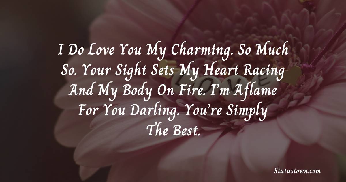 I do love you my charming. So much so. Your sight sets my heart racing and my body on fire. I’m aflame for you Darling. You’re simply the best. - Love status For Husband
