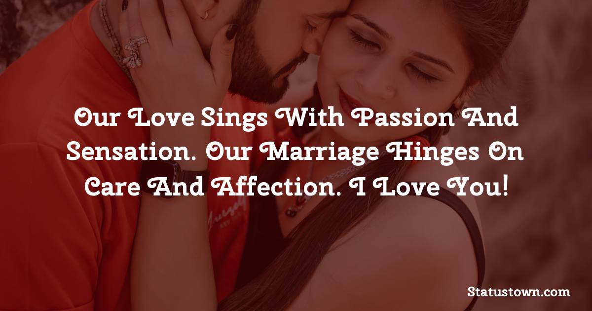 Our love sings with passion and sensation. Our marriage hinges on care and affection. I love you! - Love status For Husband 