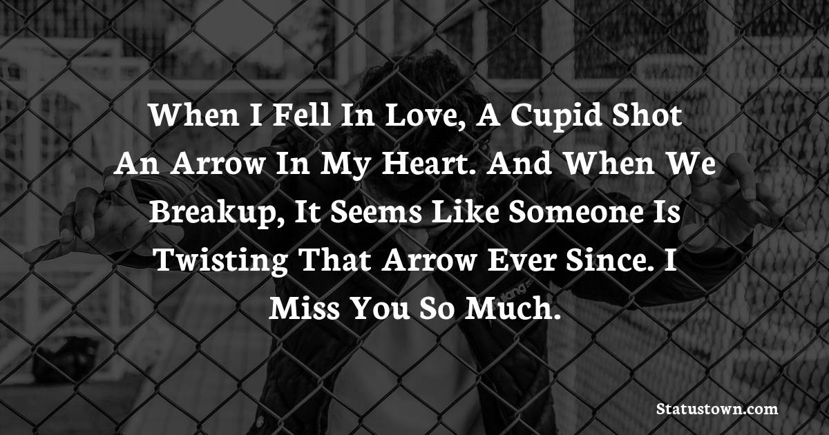 When I fell in love, a cupid shot an arrow in my heart. And when we breakup, it seems like someone is twisting that arrow ever since. I miss you so much. - sad status for husband