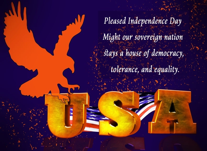 Pleased Independence Day! Might our sovereign nation stays a house of democracy, tolerance, and equality. - United States Independence Day Messages