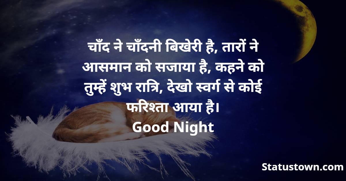  चाँद ने चाँदनी बिखेरी है, तारों ने आसमान को सजाया है, कहने को तुम्हें शुभ रात्रि, देखो स्वर्ग से कोई फरिश्ता आया है।
Good Night - Good Night status