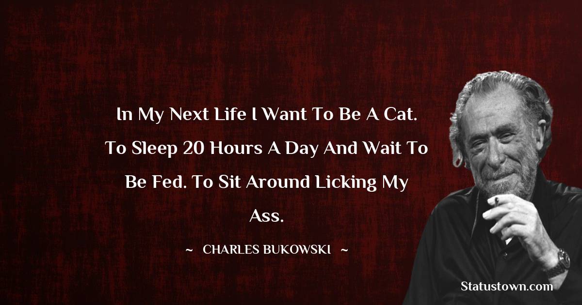 Charles Bukowski Quotes - In my next life I want to be a cat. To sleep 20 hours a day and wait to be fed. To sit around licking my ass.