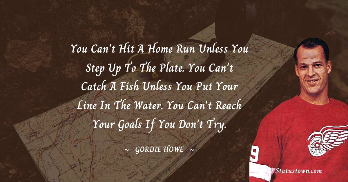 Gordie Howe Quotes - You can't hit a home run unless you step up to the plate. You can't catch a fish unless you put your line in the water. You can't reach your goals if you don't try.