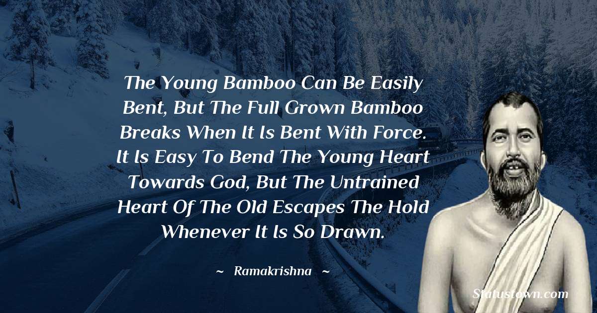 Ramakrishna Quotes - The young bamboo can be easily bent, but the full grown bamboo breaks when it is bent with force. It is easy to bend the young heart towards God, but the untrained heart of the old escapes the hold whenever it is so drawn.