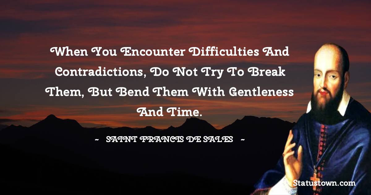 When you encounter difficulties and contradictions, do not try to break them, but bend them with gentleness and time. - Saint Francis de Sales quotes