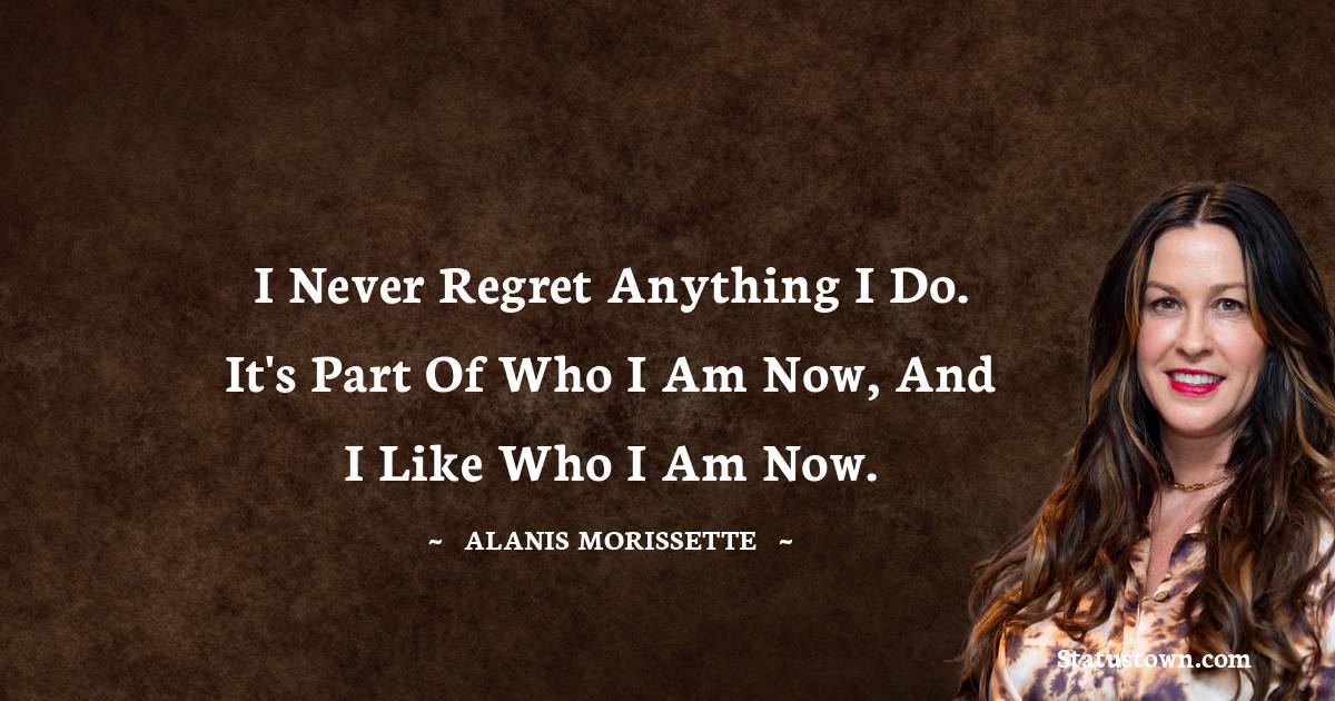 I never regret anything I do. It's part of who I am now, and I like who I am now. - Alanis Morissette quotes