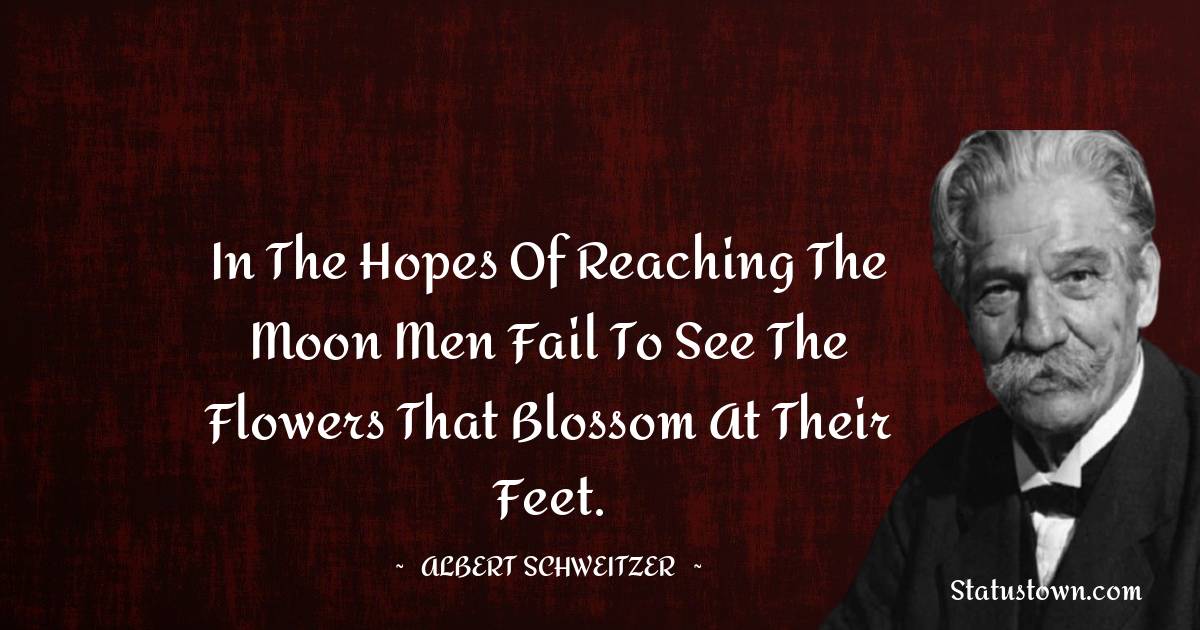 Albert Schweitzer Quotes - In the hopes of reaching the moon men fail to see the flowers that blossom at their feet.