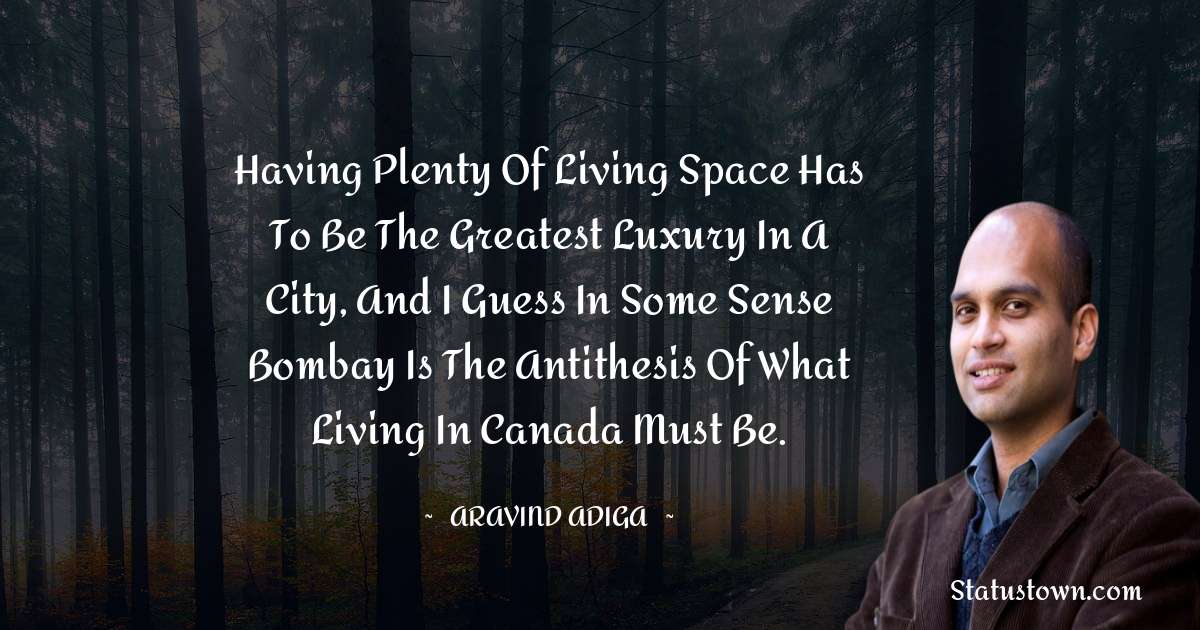 Aravind Adiga Quotes - Having plenty of living space has to be the greatest luxury in a city, and I guess in some sense Bombay is the antithesis of what living in Canada must be.