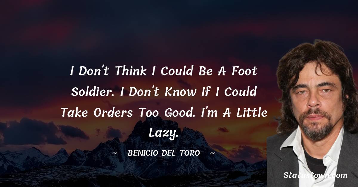 I don't think I could be a foot soldier. I don't know if I could take orders too good. I'm a little lazy. - Benicio Del Toro quotes