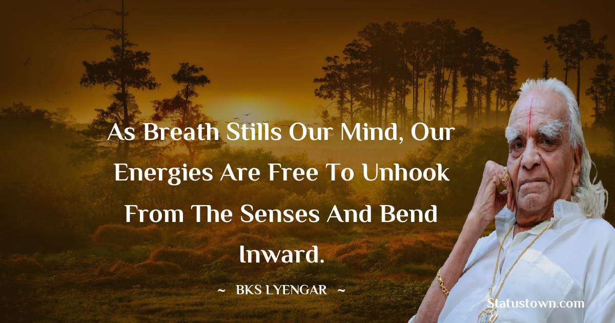 As breath stills our mind, our energies are free to unhook from the senses and bend inward. - B.K.S. Iyengar quotes