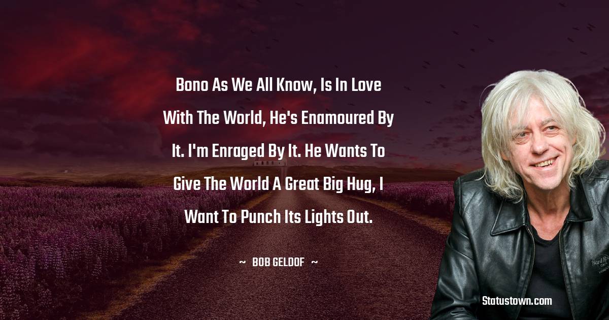 Bono as we all know, is in love with the world, he's enamoured by it. I'm enraged by it. He wants to give the world a great big hug, I want to punch its lights out. - Bob Geldof quotes