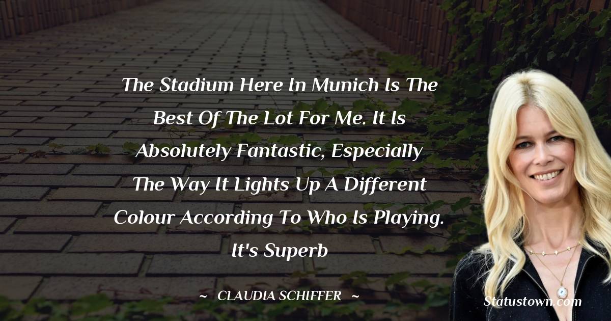 The stadium here in Munich is the best of the lot for me. It is absolutely fantastic, especially the way it lights up a different colour according to who is playing. It's superb - Claudia Schiffer quotes