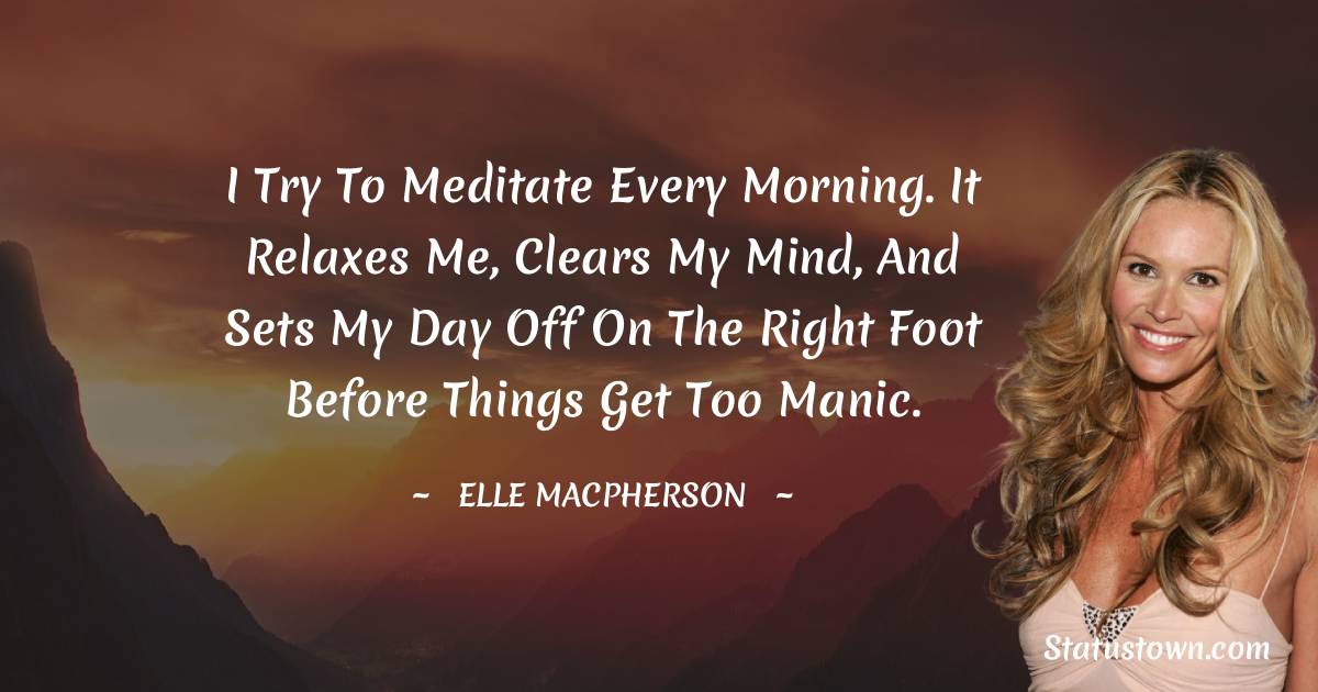 Elle Macpherson Quotes - I try to meditate every morning. It relaxes me, clears my mind, and sets my day off on the right foot before things get too manic.