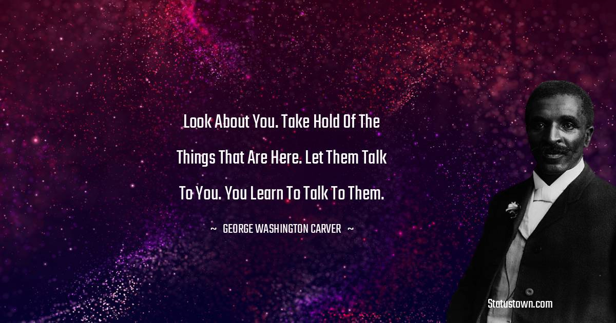George Washington Carver Quotes - Look about you. Take hold of the things that are here. Let them talk to you. You learn to talk to them.