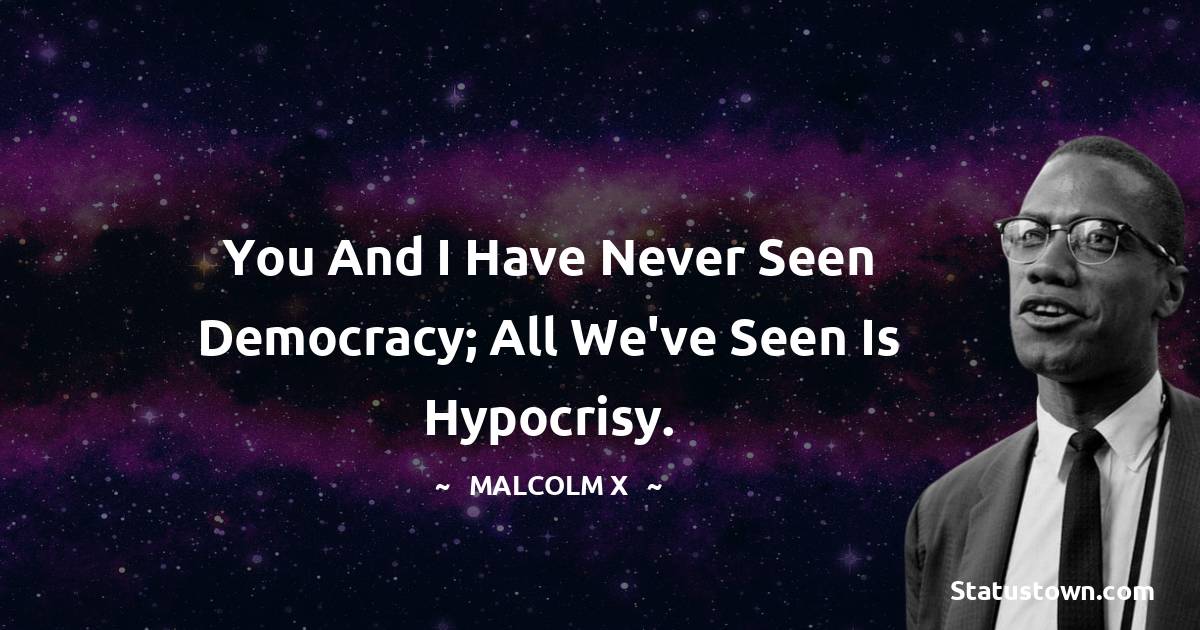 You and I have never seen democracy; all we've seen is hypocrisy. - Malcolm X quotes