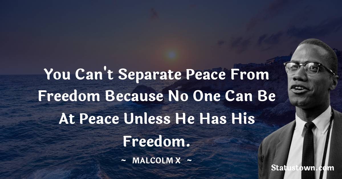 You can't separate peace from freedom because no one can be at peace unless he has his freedom. - Malcolm X quotes