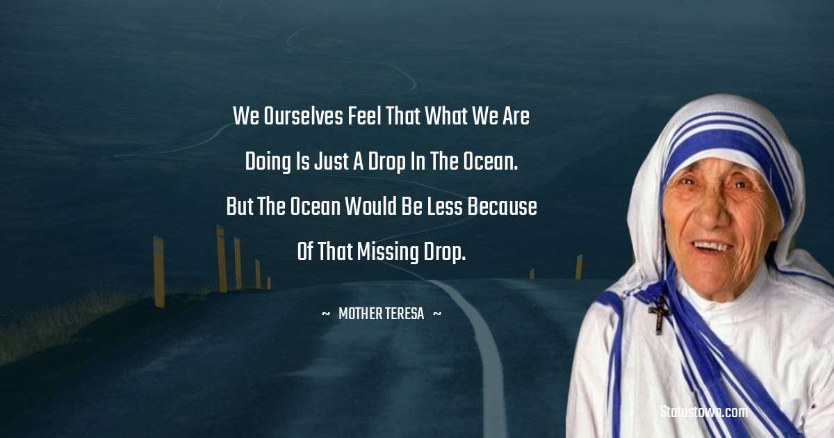 We ourselves feel that what we are doing is just a drop in the ocean. But the ocean would be less because of that missing drop. - Mother Teresa quotes