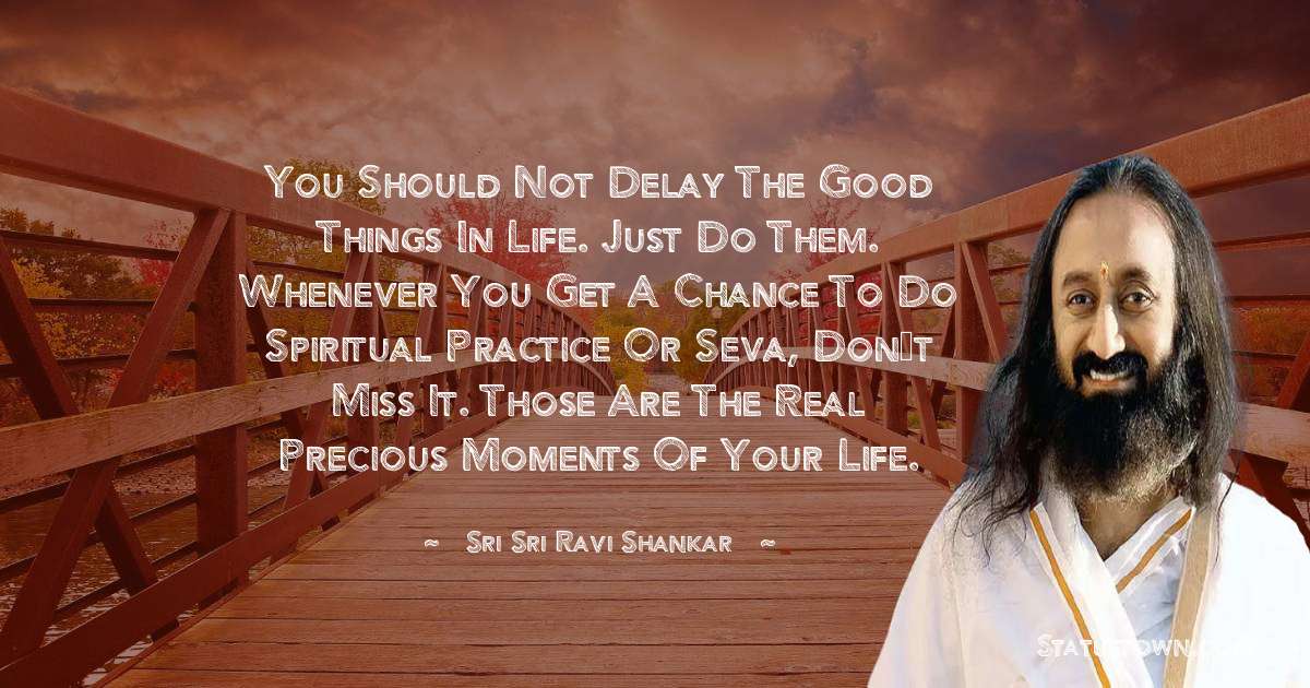 Sri Sri Ravi Shankar Quotes - You should not delay the good things in life. Just do them. Whenever you get a chance to do spiritual practice or seva, don’t miss it. Those are the real precious moments of your life.