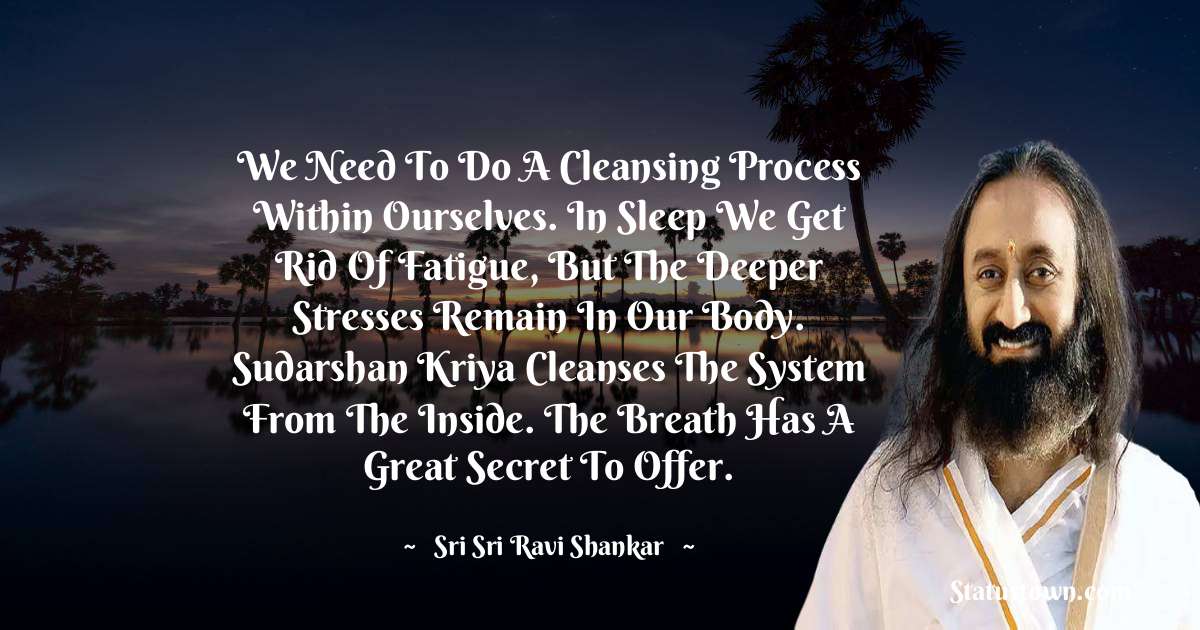 Sri Sri Ravi Shankar Quotes - We need to do a cleansing process within ourselves. In sleep we get rid of fatigue, but the deeper stresses remain in our body. Sudarshan Kriya cleanses the system from the inside. The breath has a great secret to offer.